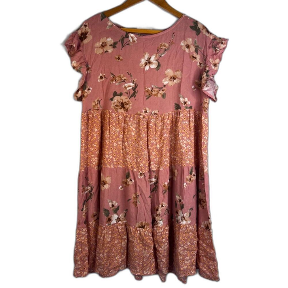 Oddy Floral Print‎ Babydoll Dress Ruffled Flutter Sleeve Tiered Mini Size Small